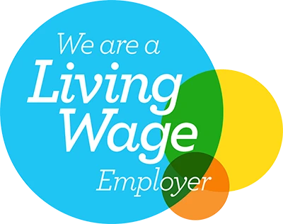 Living Wage Employer logo with overlapping blue, green, yellow, and orange circles.