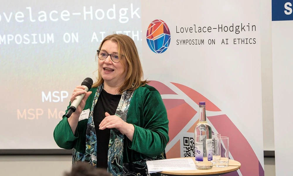 Clare Adamson MSP speaking at the Lovelace-Hodgkin Symposium on AI Ethics.