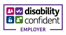 Disability Confident Employer logo with icons representing inclusivity and accessibility.