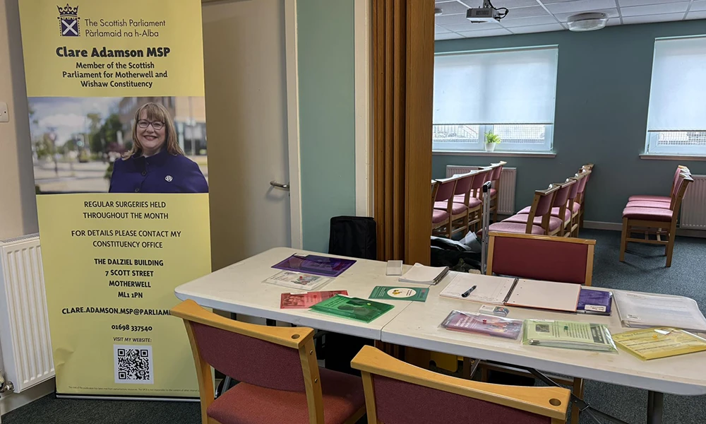 A table set up at Ebenezer Hall in Motherwell, ready to welcome constituents for Clare Adamson MSP’s community surgery.